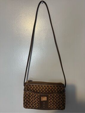 Liz Claiborne Brown and Black Logo Jacquard Tote with Leather Trim